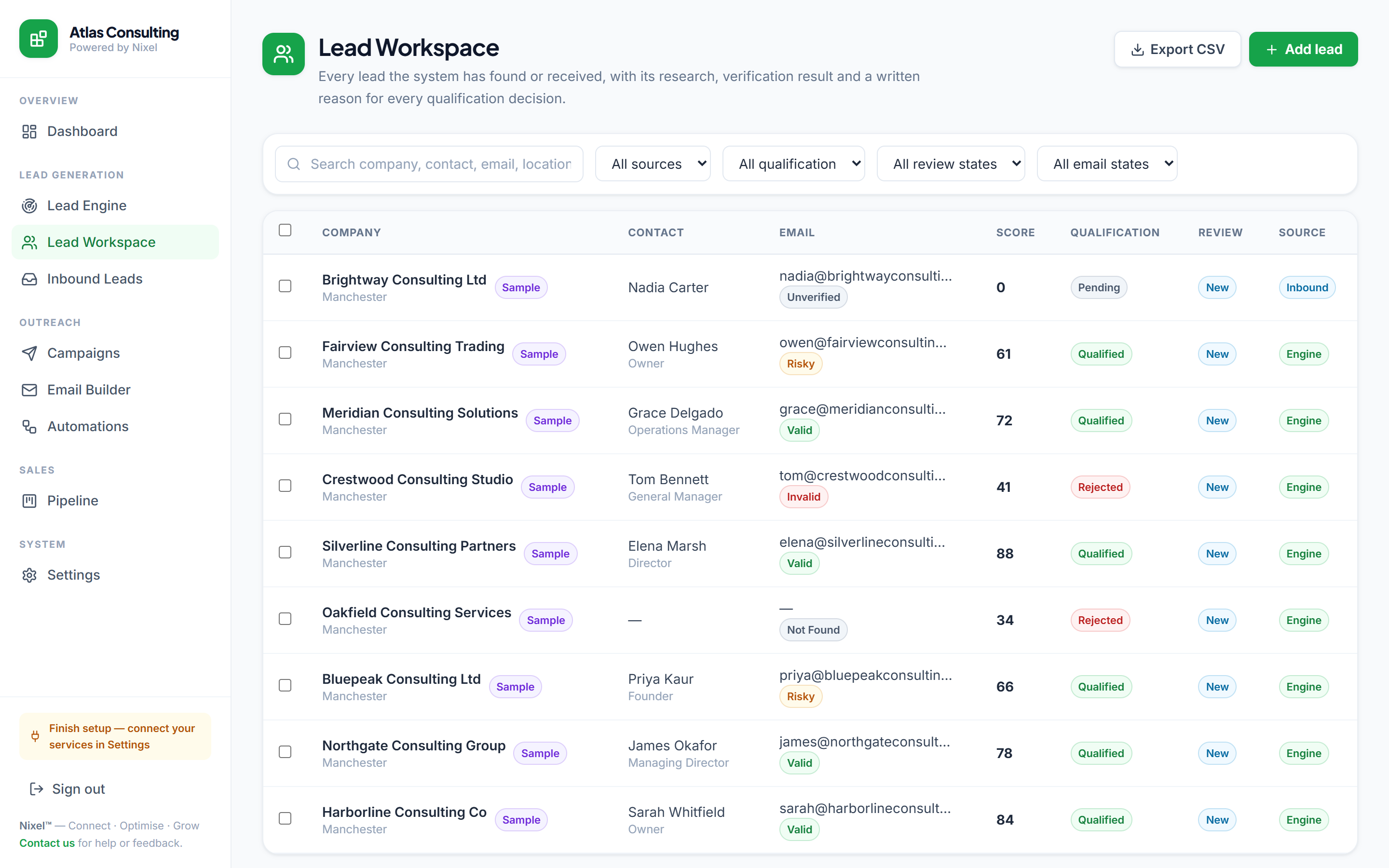 Lead workspace — research, verification and a reason for every decision