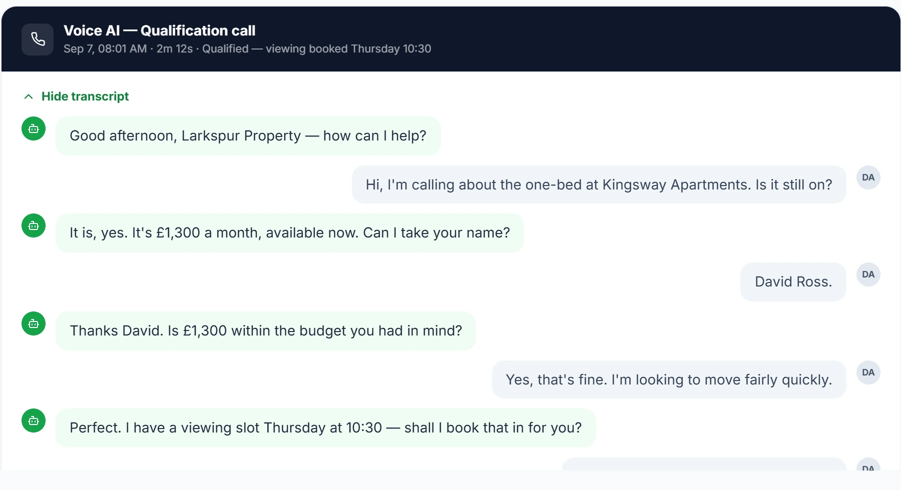 Front Desk — calls answered, qualified and booked by voice